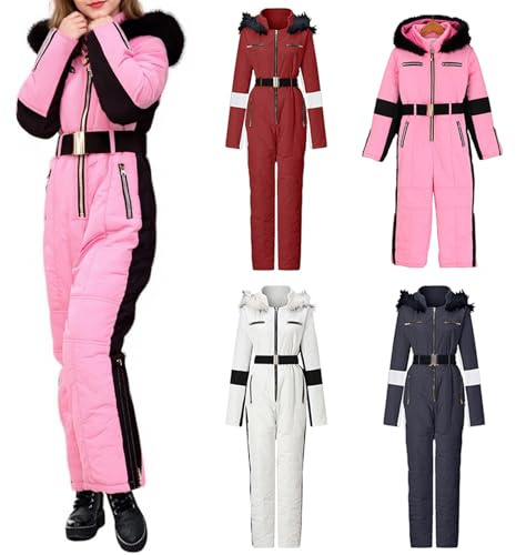 Boys Girls All in One Ski Suits Kids Waterproof Snowboarding Snowsuits fuzzy Hooded Ski Overalls Winter Outdoor Jumpsuits Teen Lightweight Softshell Raincoat Windproof Snow (Black, 15-16 Years)