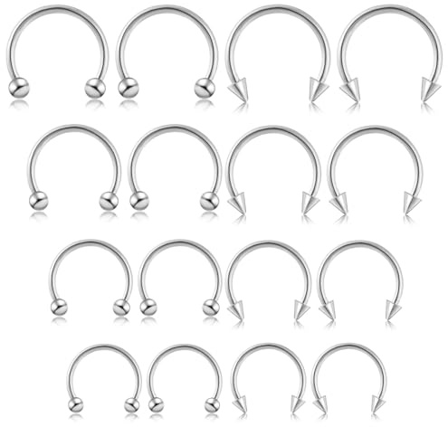 Telooco 16 st 16 g septum ring kirurgiskt stål näsa septum flera storlekar hästsko piercing smycken för näsa bröstvårta öra läpp (silver)