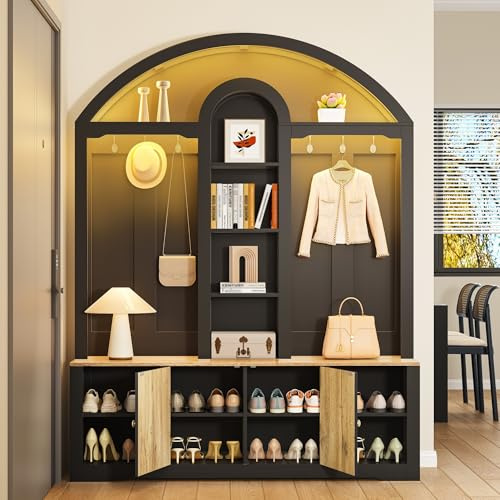 DUlVBPE Multifunktionaler Kleiderschrank/Eingangsbereichsschrank mit Schuhregal, Ablagen und Haken .Garderobenschrank– eine Garderobe aus robustem MDF mit modernem Design und praktischem Stauraum.