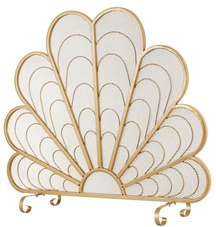 JIAOCKJIAO Kaminschutzgitter aus Schmiedeeisen mit Pfauenmotiv, Geschnitzter Funkenschutz Im Boden, Flache Ofenschutzgitter für Kleinkinder/kleine Hunde, Wohnzimmer(Gold)