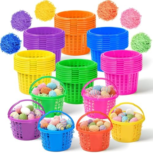 APUDWN 24 Pcs Plastic Mini Easter Baskets Bulk with Handles and 240g Grass, Colorful Small Egg Hunt Baskets Easter Grass Filler Stuffers for Spring Theme Party Favors Gifts Egg Hunt Supplies