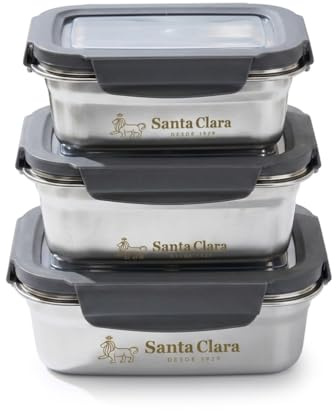 INDE SANTA CLARA | Set de 3 Fiambreras de Acero Inoxidable (0.6L / 1.8L / 2.6L) Herméticas, Apta para Microondas y Horno, Tapa Plástica con 4 Cierres, Tupper Acero Inoxidable, Lunch Box