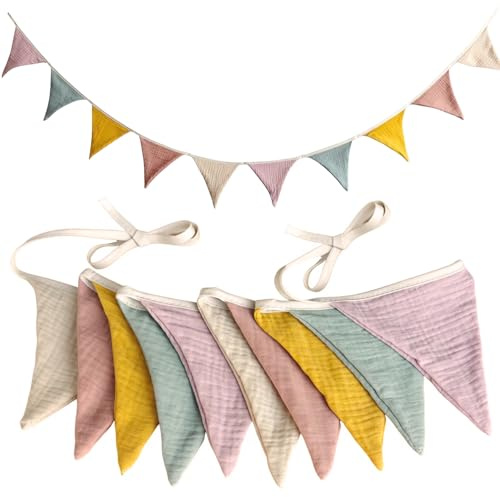 Wimpelkette Kinderzimmer 2.6m, Wimpel Girlande Stoff aus Musselin Baumwolle Bunte Wimpelkette Pastell für Babyzimmer Deko Hausbett Kindergeburtstag Deko Wanddeko Mädchen und Junge (Bonbonfarben)