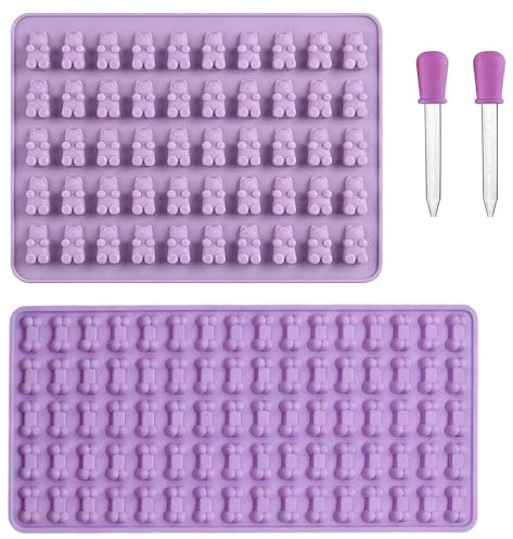 ZWWOGE 2 Pezzi Stampi Orsetti Gommosa & Osso in Silicone, Antiaderente, per Cioccolato, Caramelle, Cubetti di Ghiaccio, Dolci, Set 2 (Lilla) con 2 Contagocce