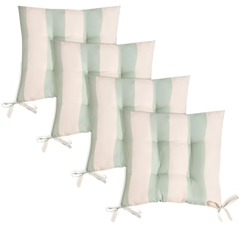 OHS 4 Pack Seat Pads for Dining Chairs, Stripe Chair Cushions Soft Comfy Outdoor Cushions with Ties for Garden Furniture Bistro Chairs Kitchen Dining Chair Seat Pads, Sage/Cream - 40 x 40cm