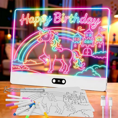 Lavagna da Disegno a LED Ricaricabile per bambini con Luci RGB,Bianco | Grande Tappetino Luminoso in Acrilico 35x26cm,8 Colori Statici & 3 Modalità Dinamiche,Supporto Nascosto per Ricalco e Arte