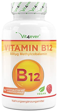 Vitamin B12 Himbeere - 365 Lutschtabletten im Jahresvorrat - Premium: 500 mcg aktives Methylcobalamin + Vitamin C - Hochdosiert - Vegan