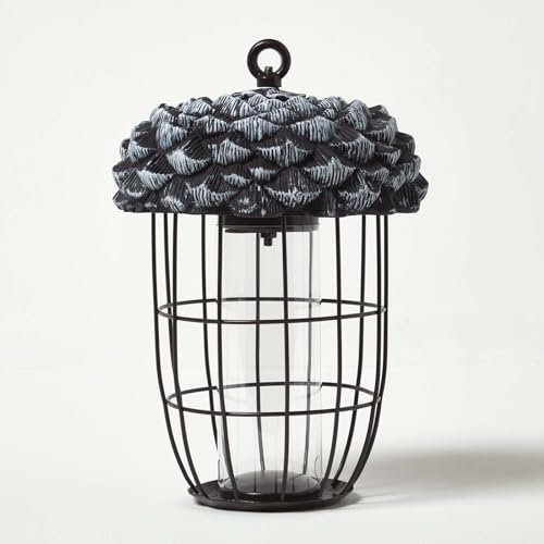 HOMESCAPES Vogelfutterspender Eichel – Futtersilo zum Aufhängen mit Futtersäule aus Kunststoff, Metallkorb und wetterfestem Deckel aus Polyresin, 26,5 cm – für Loses Vogelfutter, Samen & Kerne