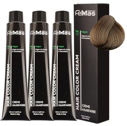 FemMas Intensiv ljusblond hårfärg 8.0 3x, professionell färgkräm med arganolja, keratin och ceramider, permanent färg eller toning, strålande resultat, 100 ml