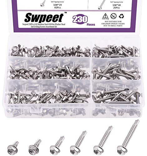 Swpeet Lot de 230 vis auto-foreuses en acier inoxydable 410 #10 à tête hexagonale auto-foreuse pour tôle, vis autotaraudeuses antirouille pour métal (#10, argent)