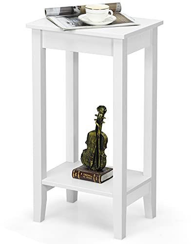 COSTWAY Beistelltisch mit Regal, 2-stöckiger hoher Sofatisch mit 4 Massivholzbeinen, Rechteckiger Ablagetisch Flurtisch Holz, Pflanzentisch Holztisch für Wohnzimmer Schlafzimmer (Weiß)