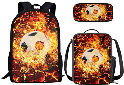 Binienty Rucksack für Jungen und Mädchen, modisches Büchertaschen-Set mit Lunchtasche und Federmäppchen für Grundschul, Kindertaschen, Reise-Rucksack, Fussball 4, Einheitsgröße