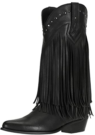 SheSole Damen Western Fransen Stiefel mit Absatz, Mode Frauen Halbhohe Cowgirl Cowboystiefel Schwarz