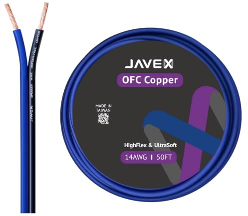 JAVEX Speaker Wire 14-Gauge [2.11mm2] [0.16mm Strands Oxygen-Free Copper 99.9%] Stranded Copper, Blue/Black, Cable for Hi-Fi Systems, Amplifiers, AV receivers and Car Audio Systems, 15.25M [50FT]