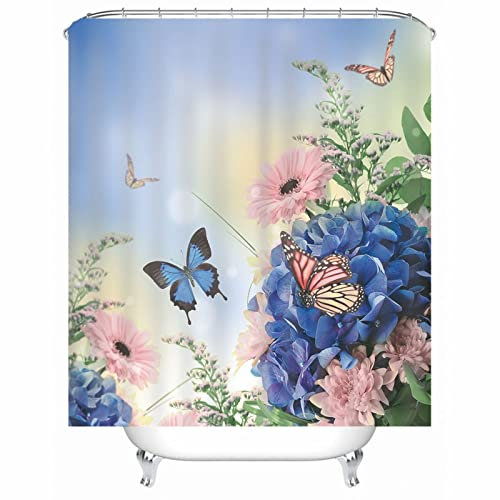 EHOMERY Duschvorhang Mit Gewicht Duschrollo Nach Maß Schmetterlinge Blumen Polyester Blau Rostfreie Ösen Und 12 Hakenringe, 180X200Cm