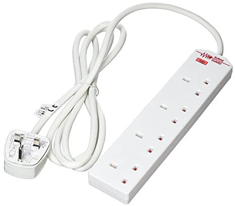4 GANG 2 METRE EXTENSION + SURGE PROTECTOR White Compact Slim 3-Pin Plug 13A For Home and Office Electric Appliances Indoor Use
