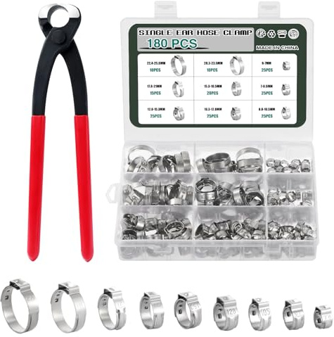 Knpwer 180 Pcs 304 Stainless Steel Single Ear Hose Clamp,6-25.6mm 9 Sizes Crimp Hose Clamp Assortment Kit,Stepless Crimp Clamp (180, 9 Sizes)
