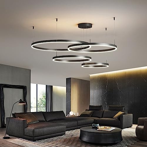 Pendelleuchte LED Dimmbar Metall ring Hängeleuchte Wohnzimmerlamp Hoehenverstellbar Hängelampe Esszimmerlampe Acryl Kronleuchte Mit Fernbedienung Café Bar Küche Büro Deckenleuchte ( Color : Schwarz ,