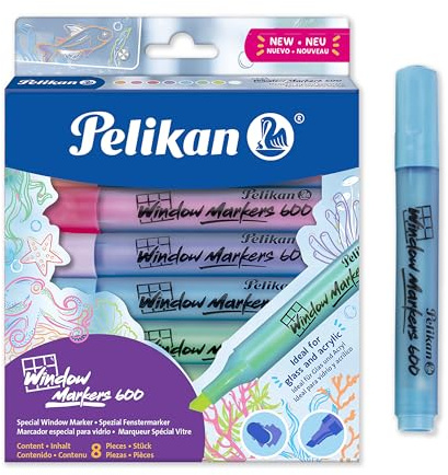 Pelikan Fönstermarkör 600, raderbar kriteffektmarkör för glas och icke-porösa ytor, mejselspets 2–5 mm, giftfritt vattenbaserat bläck, paket med 8 blandade färger