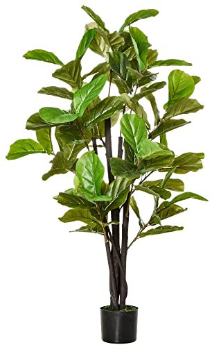 HOMCOM Ficus Artificial 130 cm Planta Artificial con Maceta Planta Artificial Decorativa para Interior y Exterior Hogar Salón Oficina Verde