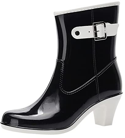 Botines para mujer con tacón grueso para exteriores, botas punk, botas de agua, antideslizantes, media lluvia, goma, botas para mujer, botas de mujer, talla 11 de ancho, Black, 37.5 EU