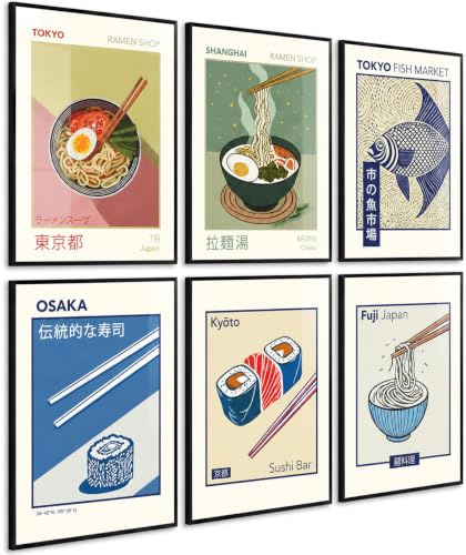 PosterPost 6x Asian Food Poster Set DIN A4 | Retro Tokyo Art Prints mit Ramen, Sushi & Fischmarkt | Japanische Küchenposter & Kunstdrucke als Wanddeko für Küche, Esszimmer & Home Bar | Made in Germany