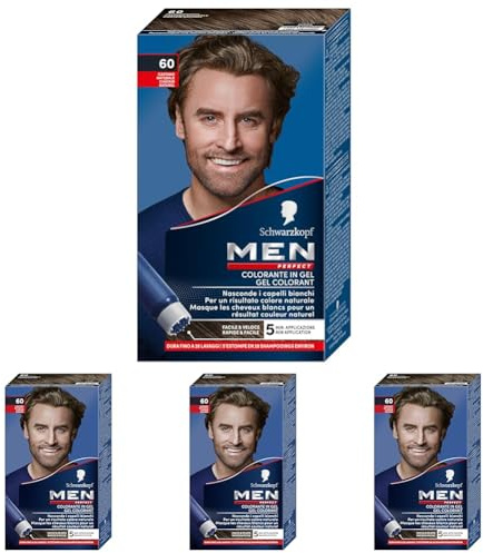 Schwarzkopf, Men Perfect, Tinta Colorante in Gel, Copertura dei Capelli Bianchi Effetto Naturale, Tonalità 60 Castano Naturale (Confezione da 4)