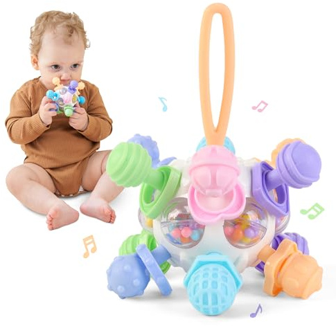 SUPERBE BEBE Montessori baby sensorisk tandleksak - silikon tandring - baby skramla - bollformad pedagogisk leksak - uppvaknande leksak - babyutveckling