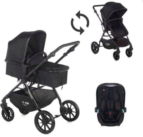 Nurse Track, 2-en-1 Kinderwagen + Babyschale, Sitz umwandelbar in Tragetasche, kompakt faltbar, mit Regenschutz und Tasche, Schwarz