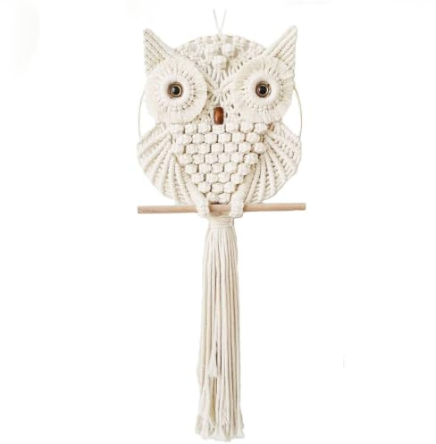 Achart Eule Makramee Wandbehang, handgewebter Boho-Wandteppich, Makramee-Wanddekoration, Eulen-Dekor für Schlafzimmer, Wohnzimmer, Kinderzimmer (Beige-S)