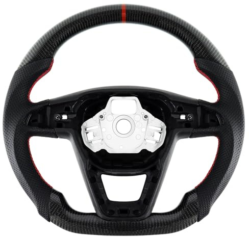 Acclcors Carbonfaser-Lenkrad, Lederlenkrad D-Form flacher Boden rote Nähte personalisiertes Lenkrad, perforierter Ledergriff für SEAT Cupra leon MK3 2013-2019