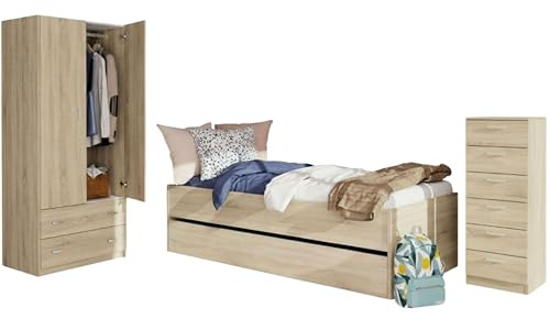 Miroytengo Pack Muebles Dormitorio Juvenil Tibet Estilo Natural en Color Roble Cambrian (Cama 105x190 cm + Armario + Cómoda)