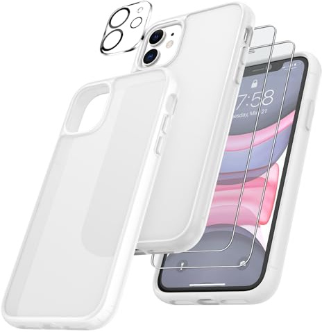 FLLAO 4 in 1 Cover per iPhone 11 con 2 vetro temperato e 1 fotocamera protettiva, [cuscino d'aria integrato] antiurto antigraffio antiurto protezione custodia per iPhone 11 6.1, bianco opaco