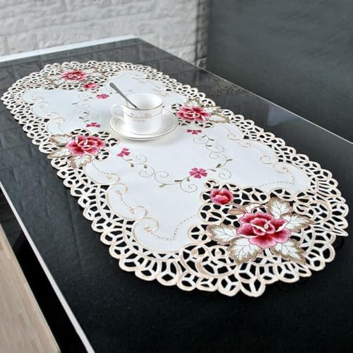 Daaxing Nappe en dentelle, petite nappe florale brodée, nappe élégante de table de thé de l'après-midi, lavable et réutilisable, 40 x 85 cm
