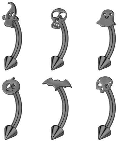 ZS 6 Pezzi Halloween Acciaio Inossidabile Sopracciglia, Anelli l'Ombelico Orecchini Piercing Sopracciglio Teschio 16G, Pipistrello Filettatura Interna Bilanciere Curvo Per Donna (Nero,L:10mm)