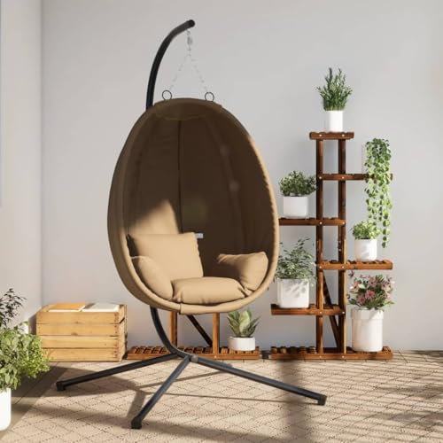 Willood Hängesessel mit Gestell Ei-Design Schaukel Indoor oder Outdoor Sessel mit Kissen + Rückenkissen Taupe Stoff und Stahl