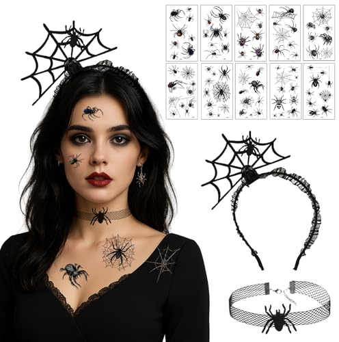 Halloween Accessoires Damen, Spinnen Haarreif Haarschmuck Halskette mit 10 Blätter Spinnen Tattoos, Halloween Kostüm Damen Spinne Hexen Accessoires für Erwachsene & Kinder