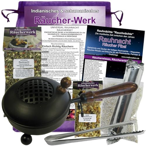 Räuchern Rauhnächte Set 10-TLG Räucherst Rauhnacht UNIVERSAL Räuchermischung mit RÄUCHERPFANNE, RÄUCHERZANGE, Weihrauch & Myrrhe, Anleitung, Zubehör, Täschchen - GESCHENKSET. 81188-P12ZWOM