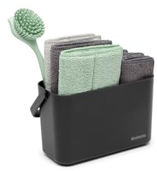 Brabantia SinkSide Cleaning Set of 8 - Dark Grey | Cleaning Caddy with Handle, Microfibre Pads, Cloths, Dish Brush, Squeegee | Complete Sink Tidy Solution | Kitchen Sink Organiser