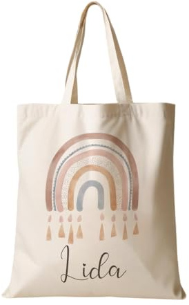 Manufaktur Liebevoll Stoffbeutel mit Namen Stofftasche Personalisiert Kinderbeutel Kindergarten Wechselwäsche Regenbogen Mädchen Beutel Geschenk Tasche