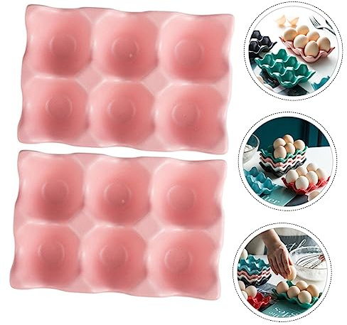 Plateau à Œufs en Céramique Rose, Lot de 2, 6 Compartiments | Rangement Réfrigérateur Cuisine, Fond Antidérapant, Style Moderne Élégant, Protège les Œufs