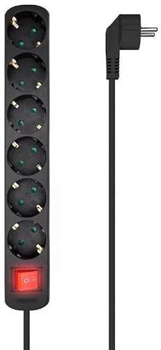Ciabatta a 6 uscite con interruttore, cavo 3 x 1,5 mm², lunghezza 1,4 m, colore nero; ideale per distribuire corrente e proteggere dispositivi elettrici.