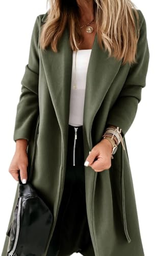 Cicy Bell Womens Classic Notched Lapel Collar Coat Open Front Belted Long Jacket,army green,XXL