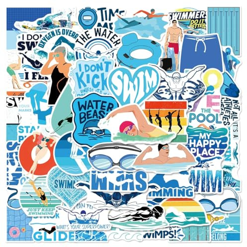 50 Stück Schwimmen Aufkleber Auto Laptop Telefon Gitarre Skateboard Motorrad Fahrrad Swim Stickers Set Vinyl Wasserdicht Aesthetic Aufkleber für Jugendliche Kinder Erwachsene