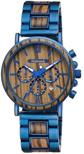 Holzwerk Germany Handgefertigte Designer Herren Uhr Öko Natur Holz Uhr Chronograph Armband Analog Holzuhr Quarz Braun Schwarz Grau Römische Ziffern Datum Holz
