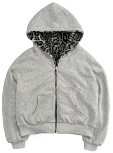 RSGMU Y2k Zip Up Hoodie Oversized Vintage Leopard Print Jacket Streetwear Hoodie Unisex Reversible Jacket Baggy Fall Jackets (Grey,Large)