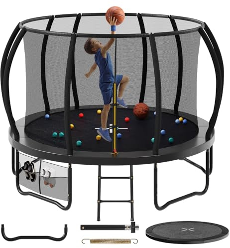 366CM Trampolino da Esterno per Bambini, Trampolino da Giardino,Tappeto Elastico da Giardino Adatto per tre o più Persone di Diametro con Rete di Sicurezza, Scala e Barre Imbottite, Esterno
