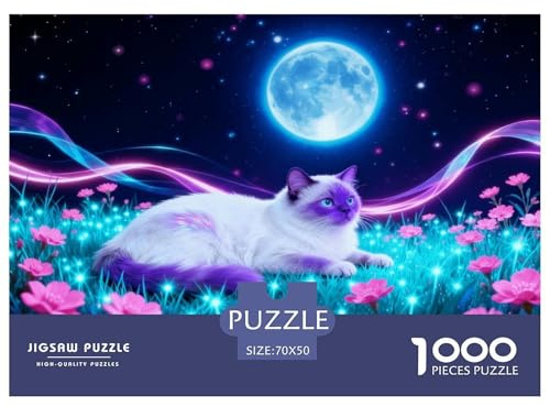 Puzzle Chat Birman 1000 Pièces pour Adultes Et Enfants, Jeu De Famille, Casse-tête Buisson Fleuri sous la Pleine Lune, Home Decor, Idée Cadeau 70x50cm/1000pcs
