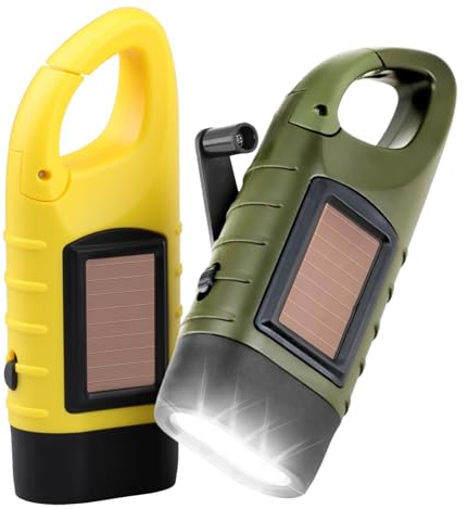 kcrnw 2 Pack Wind Up Torch LED Solar Hand Crank with Carabiner Hook Portable Rechargeable Super Bright Emergency Camping Flashlight for Christmas Hiking Climbing Outdoor Survival Gear Green Yellow