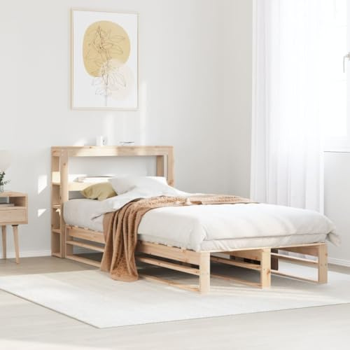 QJBSAVVA Einzelbett 90x200 Kiefer massiv mit Lattenrost und Regalböden rustikales Bettgestell für Jugendzimmer Dachschräge oder Gästezimmer 219 x 96 x 82 cm